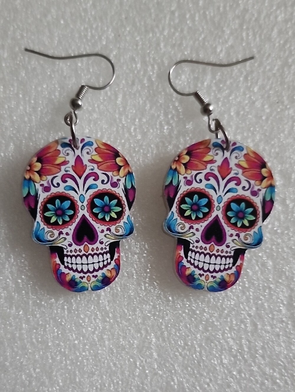 Hand Crafted White Multicolor Sugar Skull Dangle Earrings